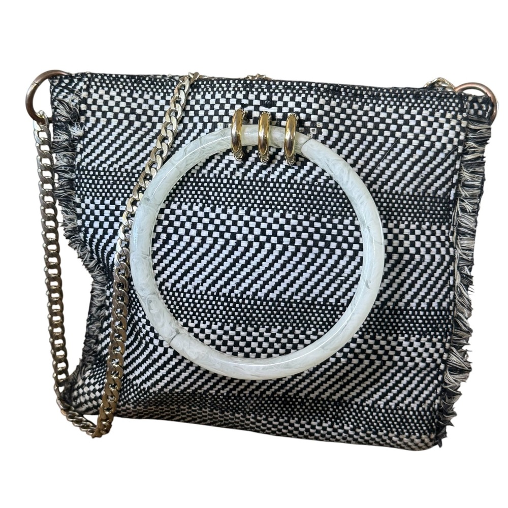 Gianni Bini Crossbody Bag Women Small Black White Woven EUC Resin Ring Fringe